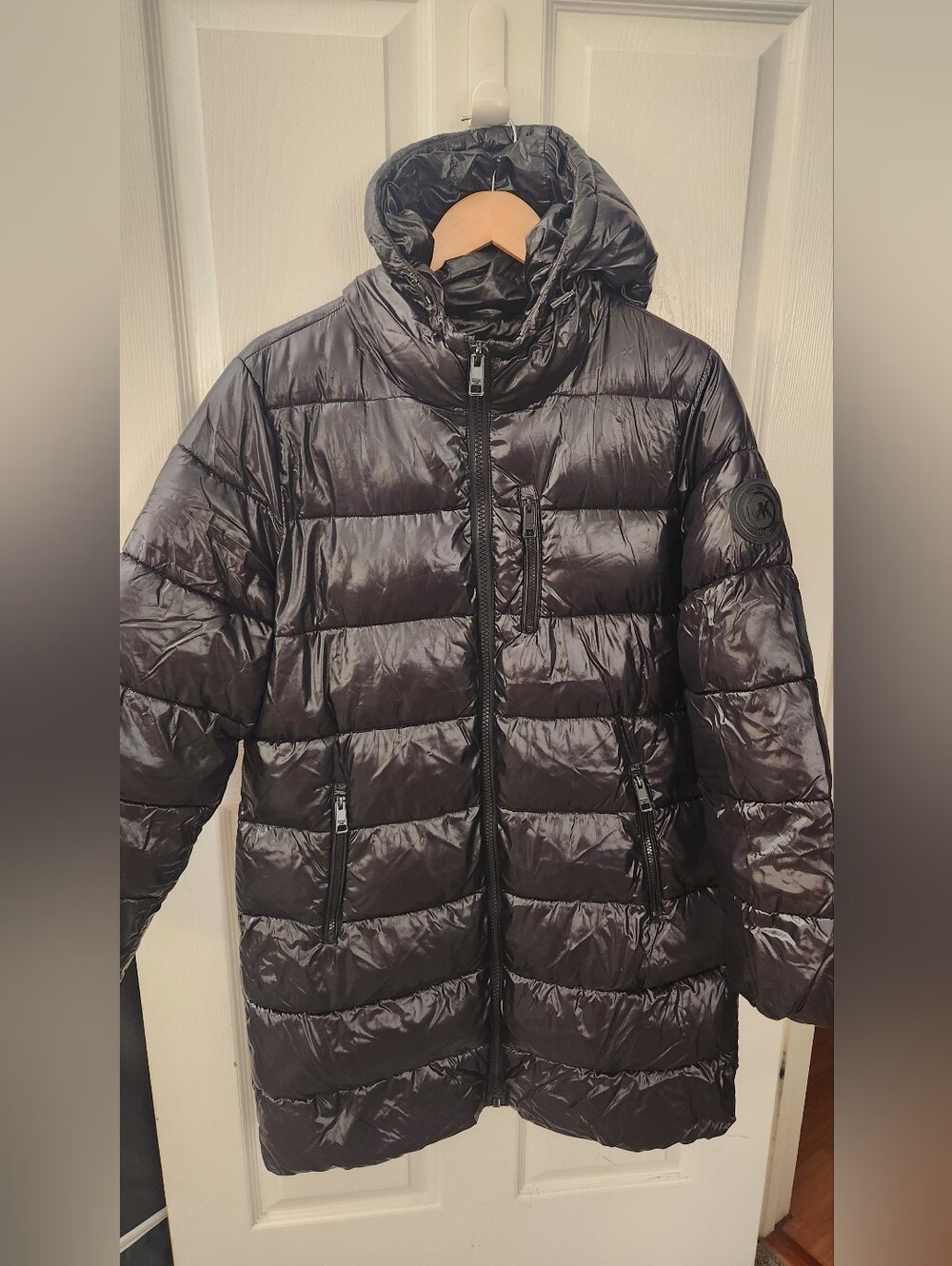 Michael Kors Shiny Black Long Quilted Puffer Coat with Hood
